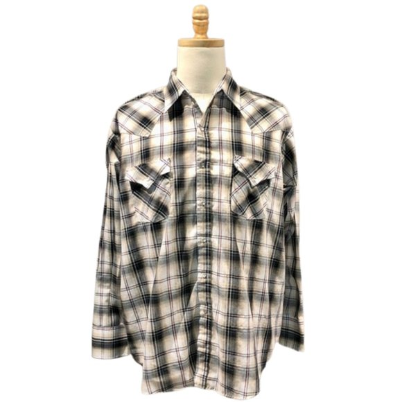 Plains Western Wear White and Cream Long Sleeve Plaid Shirt - Picture 1 of 8